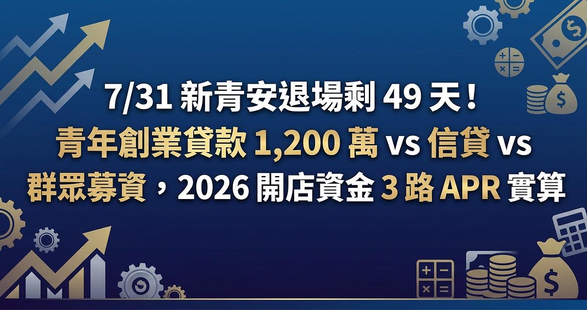7/31 新青安退場剩 49 天！青年創業貸款 1,200 萬 vs 信貸 vs 群眾募資，2026 開店資金 3 路 APR 實算